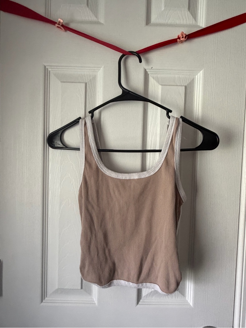 Heart Hips Beige Ribbed Tank with White Trim